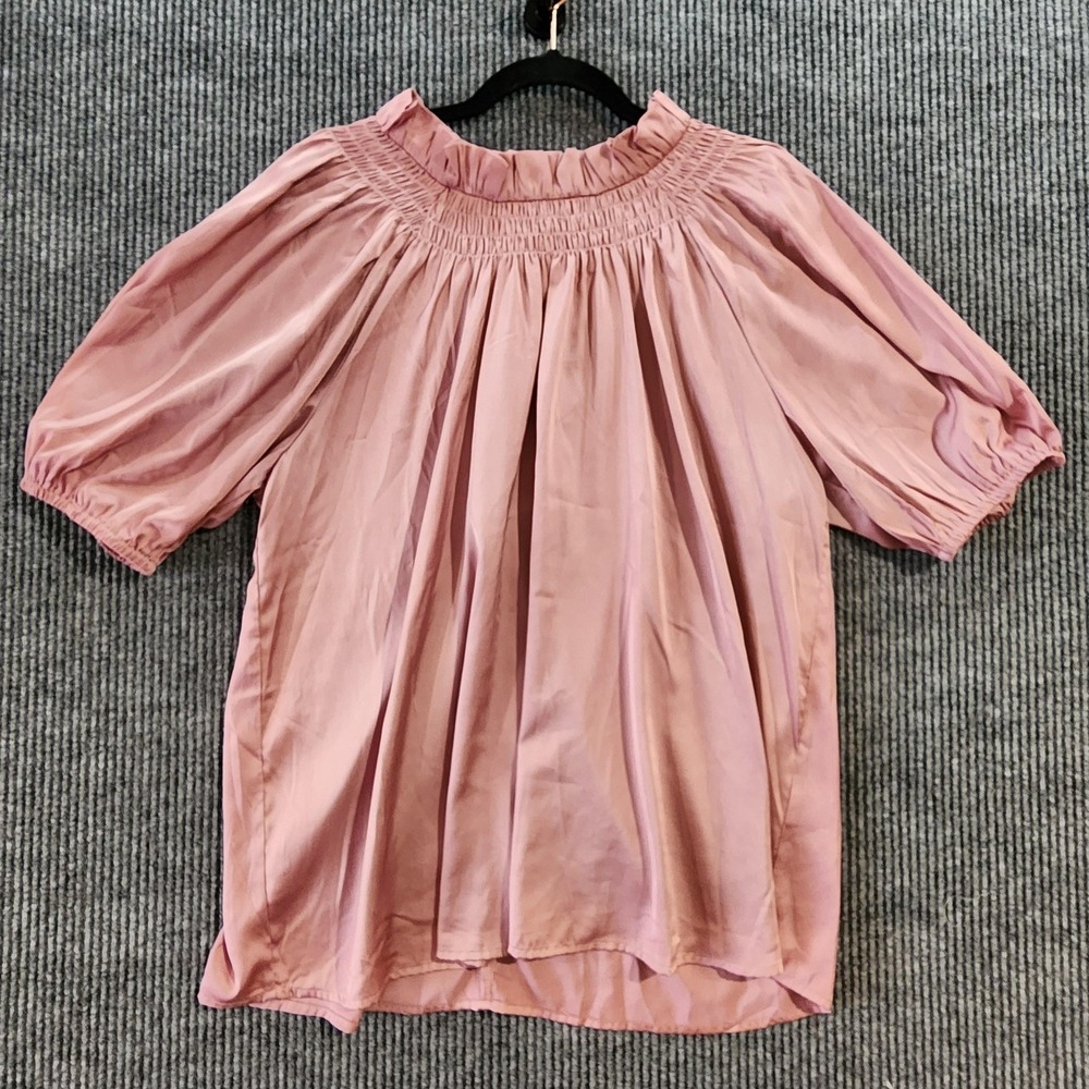 Jodifl Blouse‎ Womens Large Pink Satin High Neck Short Puff Sleeve Tunic Top